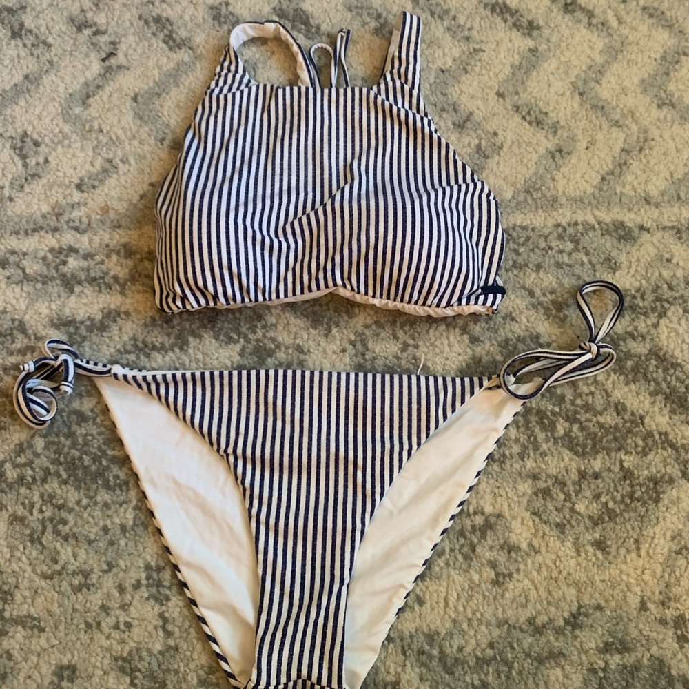 Navy and white striped bikini set
